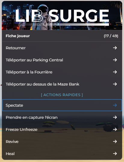 Menu F10 > Fiche joueur : téléportations rapides et actions (spectate, freeze, revive)