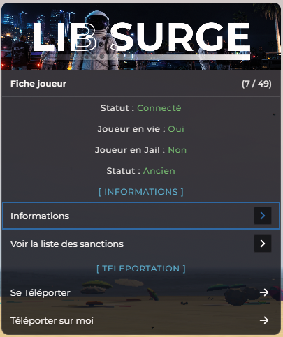 Menu F10 > Fiche joueur : statut, informations et téléportation
