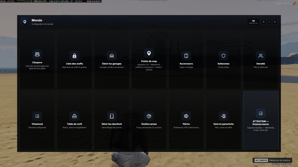 Hub Monde du menu /gestion : quatorze modules (citoyens, staff, garages, points carte, ascenseurs, safezones, densité, vinewood, craft, doorlock, props, pêche, parachute, greenscreener)