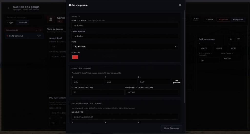 /gestion > Gangs : création groupe, type, couleur, coffre et PNJ
