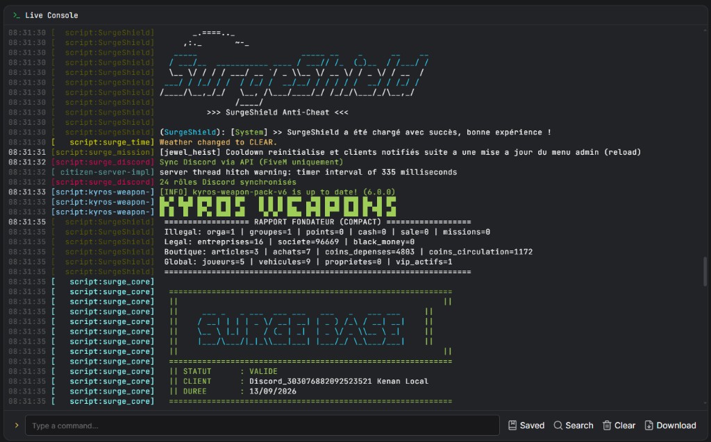 Console serveur au démarrage : SurgeShield chargé, Surge Base statut valide