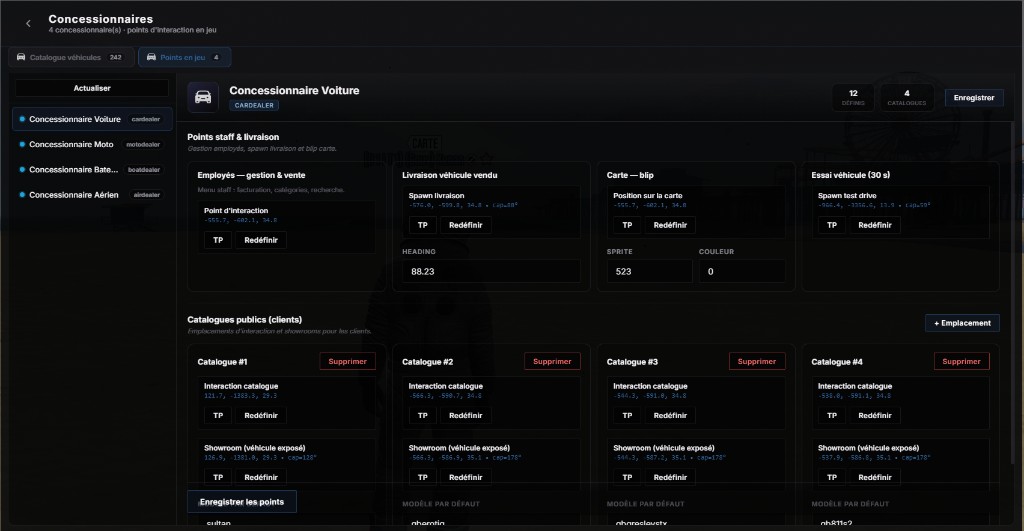 /gestion > Concession : points en jeu, staff, livraison, blip, essai et catalogues publics