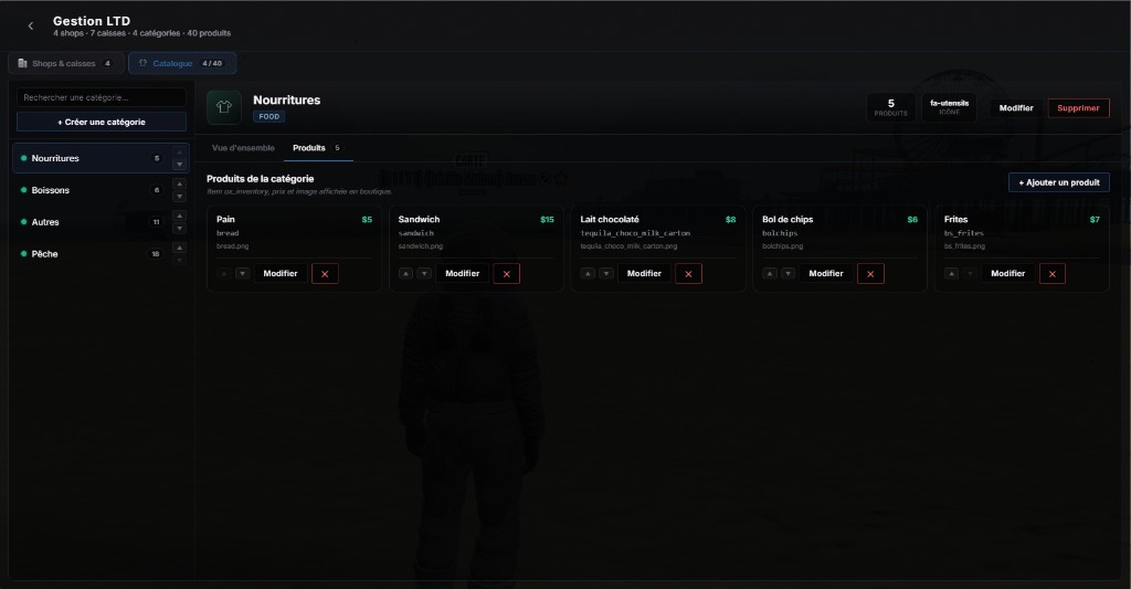/gestion > LTD : onglet Catalogue, catégories et produits ox_inventory avec prix