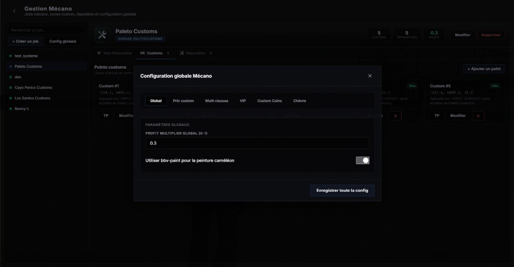 /gestion > Mécano : configuration globale, profit multiplier, prix custom, VIP et custom coins