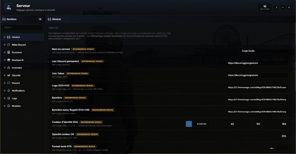 /gestion > Serveur > Général : identité et spawn
