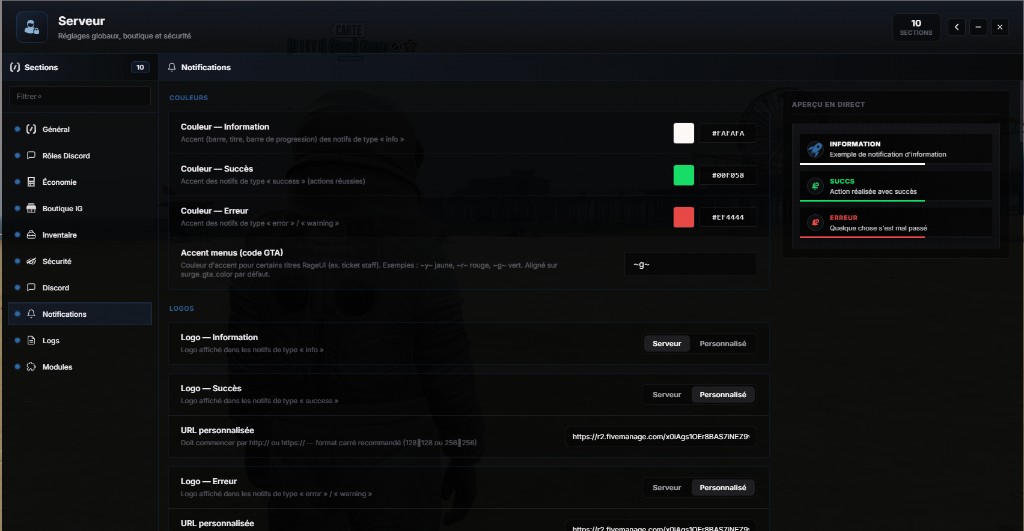 /gestion > Serveur > Notifications : couleurs info, succès, erreur, logos et aperçu en direct